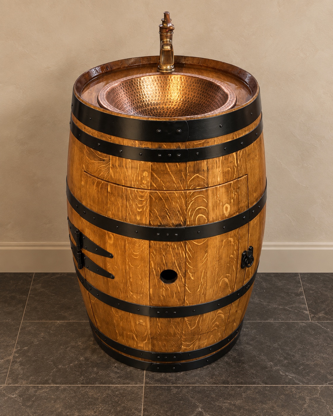 Reclaimed wine-barrel sink vanity with hammered copper basin
