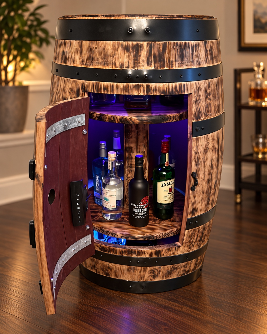 Convertible lift barrel bar open as a tiered serving display