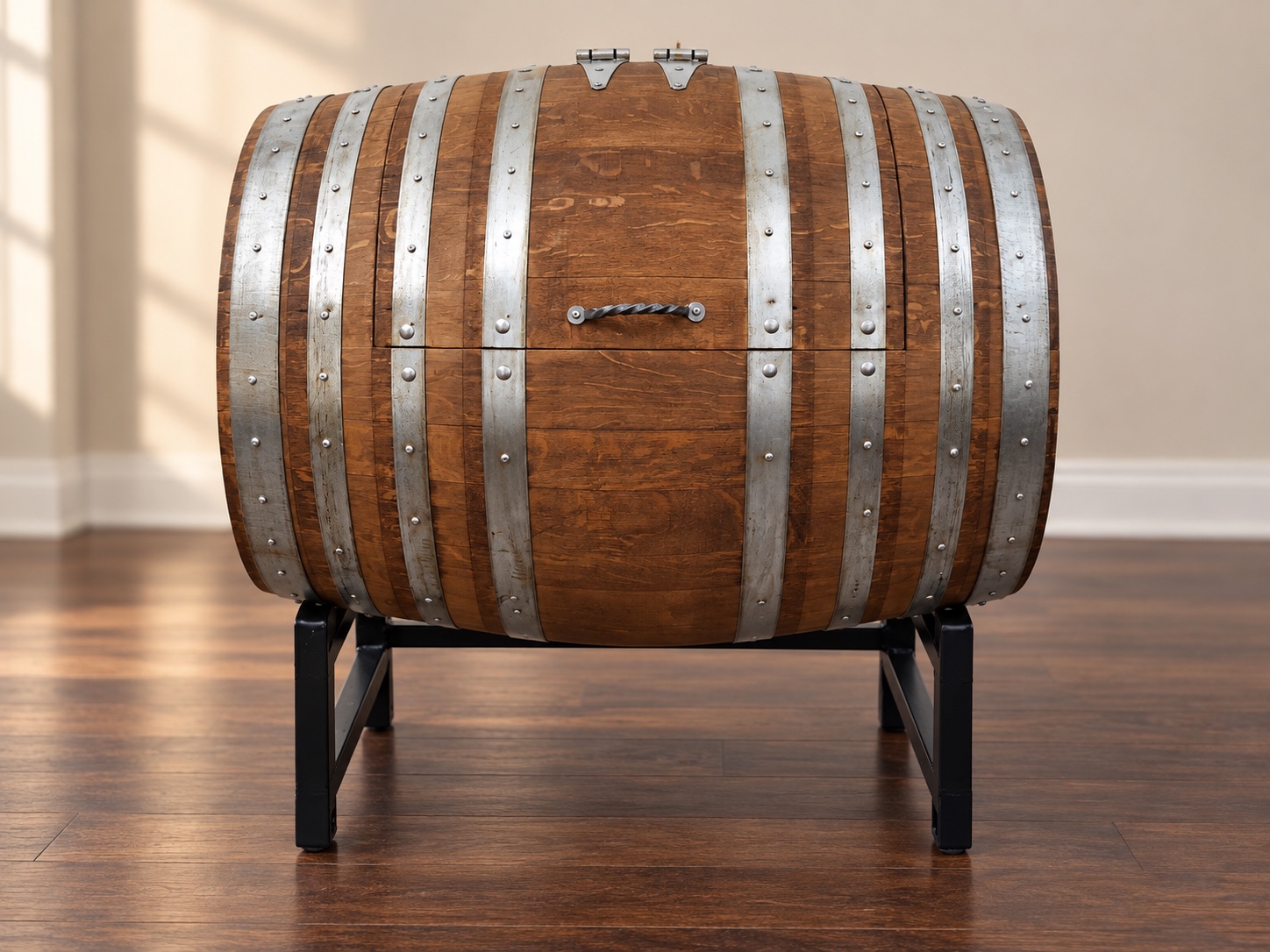 Horizontal reclaimed wine barrel storage cabinet on a steel cradle